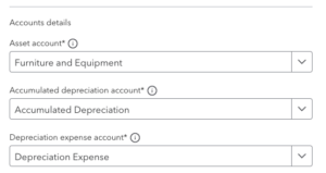 Image showing the account details section when adding a new fixed asset on QuickBooks.